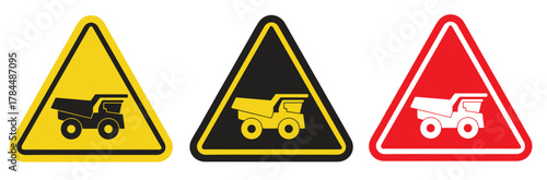 warning sign,  dump truck carrying materials, It warns of construction activity or heavy vehicle presence