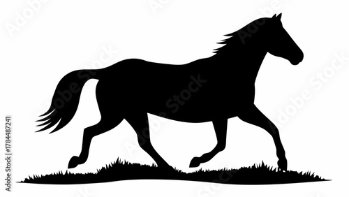 Silhouette image of a horse running through grass in black and white with a flowing mane and tail design