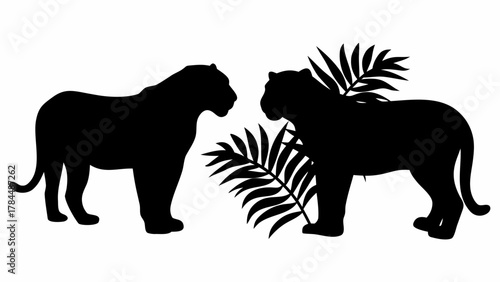 Two black panther silhouettes facing each other with tropical leaves on a white background design art
