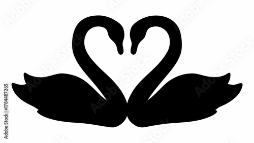 Two swans facing each other with their necks forming a heart shape in a black and white illustration