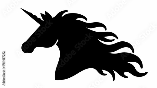 Silhouette of a unicorn head with flowing mane and horn in black against a white background design art