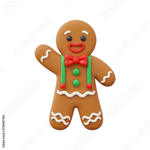 3d render of a gingerbread man wearing a bow tie and suspenders isolated on white background for christmas holiday