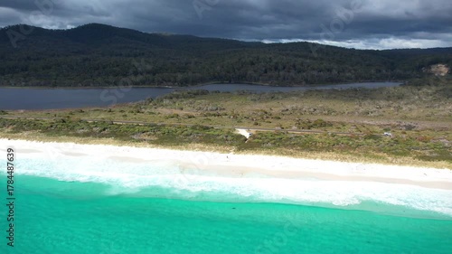Beautiful snow-white beach and turquoise sea in Tasmania view from above