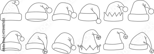 Collection of santa claus hat hand drawn christmas cap with pompom for holiday decoration and design