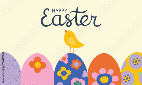 Happy Easter banner. Trendy Easter design with typography, hand painted illustration with easter eggs, chick and lettering text. Modern art style. Horizontal poster, greeting card, header for website