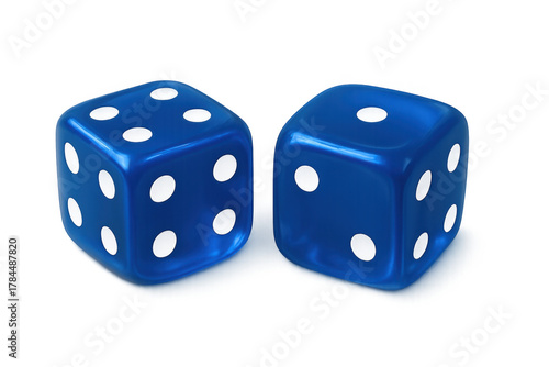 Pair of glossy blue dice representing chance, luck, gaming, risk, betting, strategy, and fortune on gambling decisions