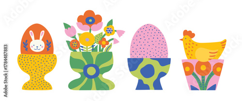 Happy Easter, Modern flat design with flowers bouqet, decorated eggs, egg stands and hen, bright colors. Modern dopamine style, vector illustration set. 