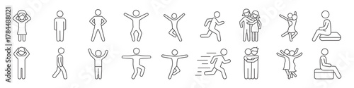 People and activity line icon set – editable outline symbols of running, jumping, hugging, sitting, and movement