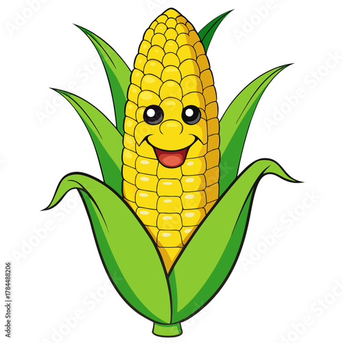 Illustration of a cheerful corn cob with large green leaves and a smiling face on a white background
