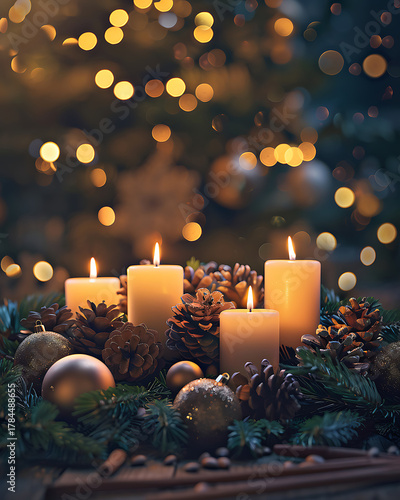 Four lit white pillar candles surrounded by pinecones fir branches and gold ornaments with bokeh lights background