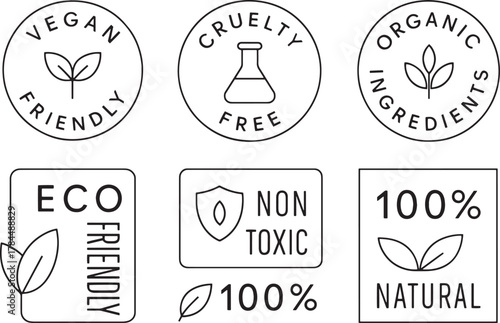 Set of simple black-and-white icons and labels for vegan, cruelty-free, organic, non-toxic, and natural claims. Ideal for eco product packaging, branding, marketing, and stock visuals.