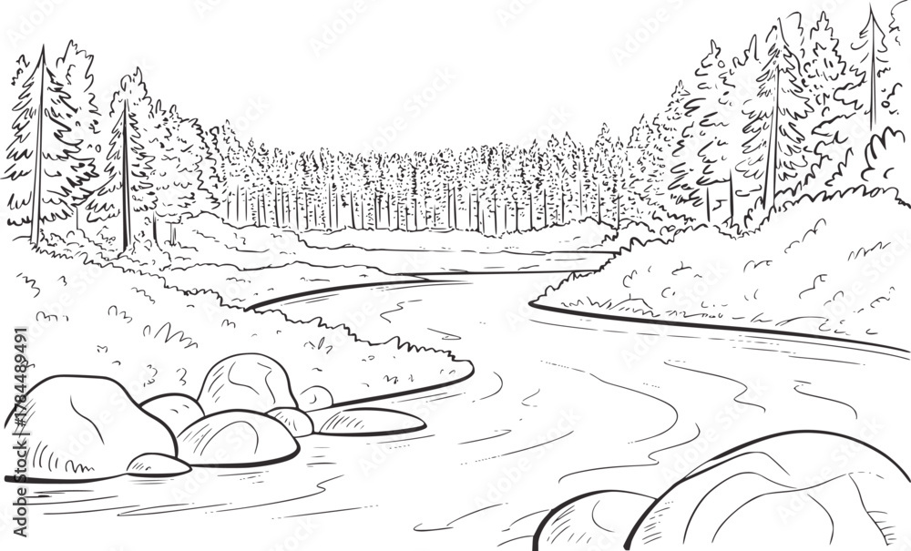 Obraz premium Forest river landscape with trees and rocks nature