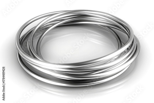 3D render of silver wire coiled in a ring shape on white background, metallic texture with smooth reflective surface, suitable for industrial design, jewelry concept,  material visualization projects