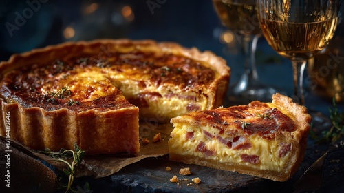 Quiche lorraine slice presentation with savory filling