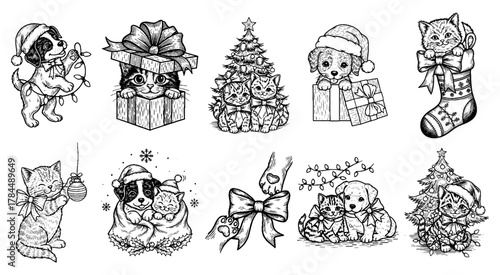 Charming doodles of Christmas puppies and kittens engaged in festive activities with wearing Santa hats, holiday design on transparent background