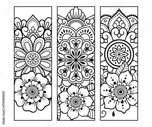 Printable bookmark for book - coloring. Set of black and white labels with flower patterns, hand draw in mehndi style. Sketch of ornaments for creativity of children and adults with colored pencils.