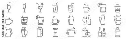 Mega Collection of Drinks and beverage outline icon collection – editable line symbols of glass, cup, bottle, carton, mug, and pitcher, coffee, tea, cocktails, juice  and milk