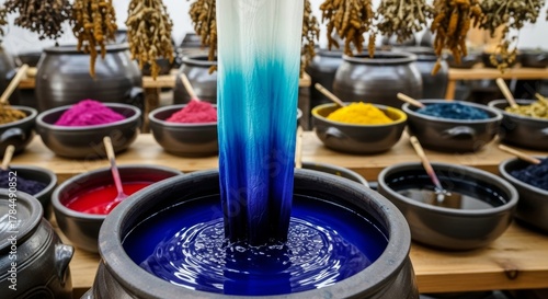 Traditional textile dyeing workshop with vibrant blue liquid dye pouring into ceramic pot surrounded by colorful natural pigment powders in bowls
