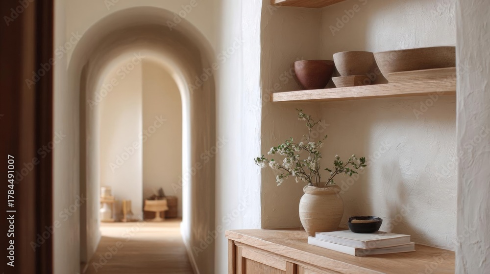 Fototapeta premium Corner of a room with a wooden shelf on the right side. the shelf is made of light-colored wood and has several decorative items on it.