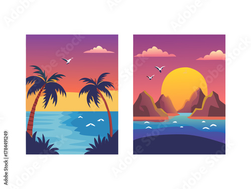 Set of caribbean landscape at sunset vector illustration
