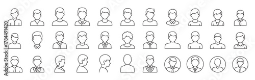 Mega Collection of Male avatar and profile line icons – editable stroke outline, front and side views in business and casual styles, outline symbols of man, user, business, and professional portrait
