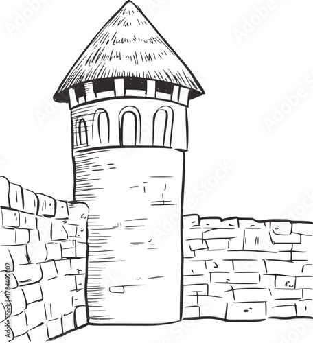 Stone tower and wall drawing black