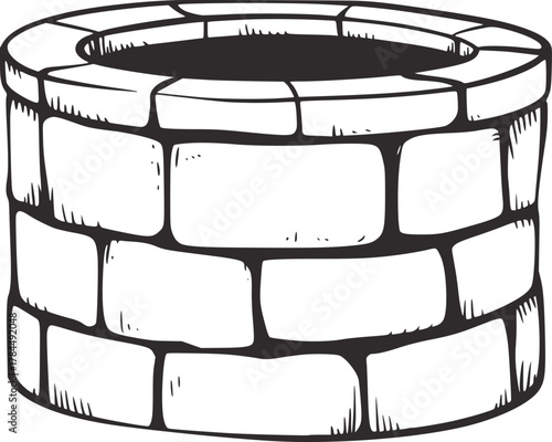 Stone well drawing water sketch