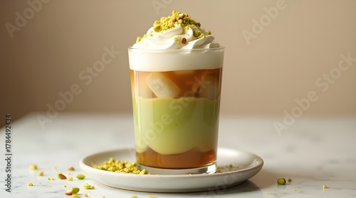 Refreshing Iced Pistachio Latte with Whipped Cream and Crushed Nuts Served in Glass on Wooden Plate