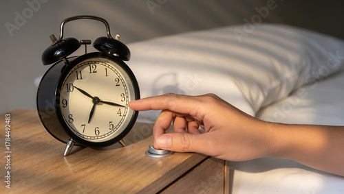 Close-up of a hand reaching for a bedside alarm clock to turn it off. Warm morning sunlight highlights bed and nightstand, illustrating a cozy morning routine