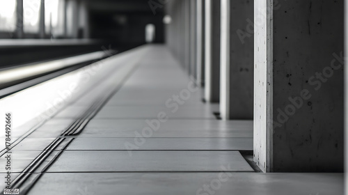 Fototapeta Naklejka Na Ścianę i Meble -  Monochrome view of a metro station platform with columns and converging lines, captured with a sense of depth, evokes a sense of clean, minimalist urban space.