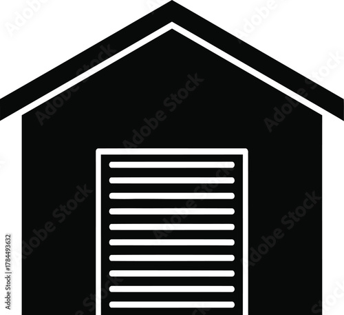 Simple black silhouette icon of a garage with a roll up door on white background