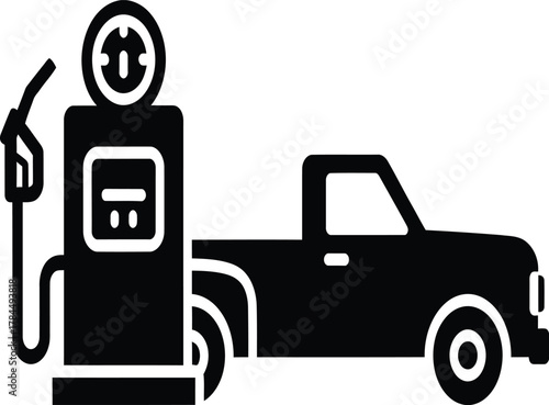 Black silhouette of a pickup truck at a gas station fueling up
