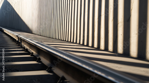 A minimalist composition featuring the play of light and shadow on a railway track. The juxtaposition of linear elements creates depth and visual interest. A modern take on infrastructure.