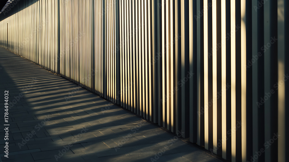 Obraz premium Illuminating architectural rhythm: Parallel bars cast shadows, creating an interplay of light and dark. Urban elegance is shown through pattern and linear elements.