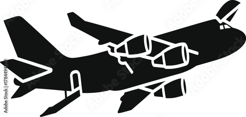 Silhouette of a large passenger airplane in flight against a white background