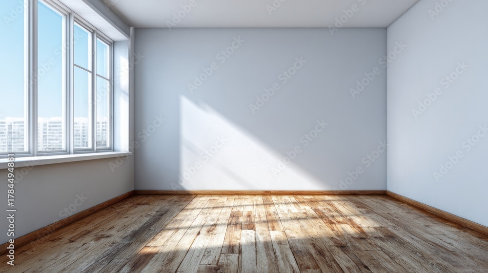 Obraz premium Sunlight streams across empty room with large window.