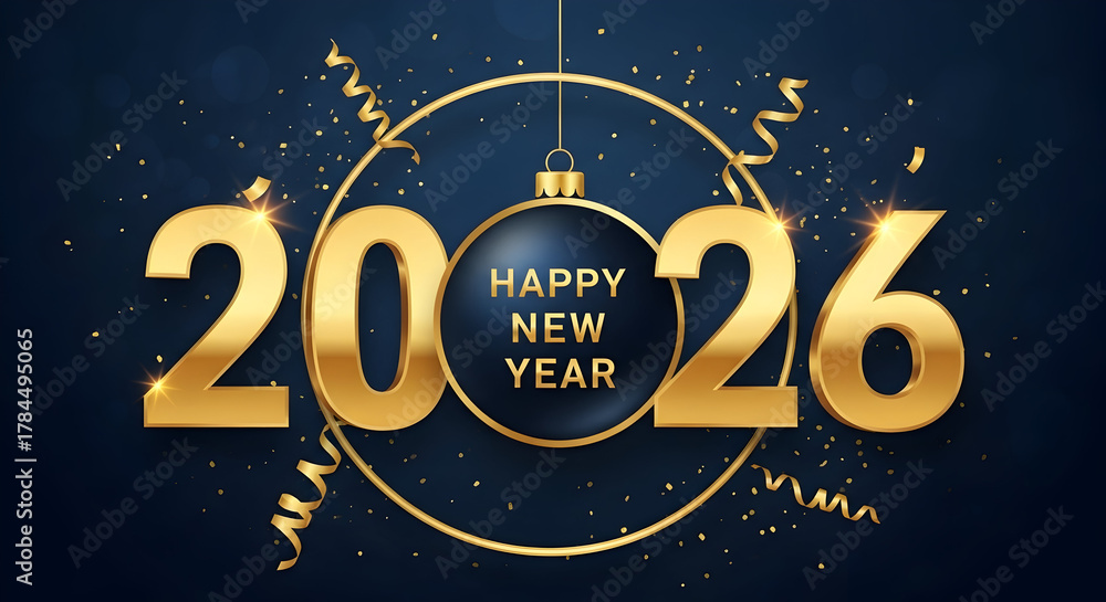 Fototapeta premium Happy New Year 2026 elegant design with golden numbers, festive dark blue background, sparkling confetti, and ribbons for celebration greetings.