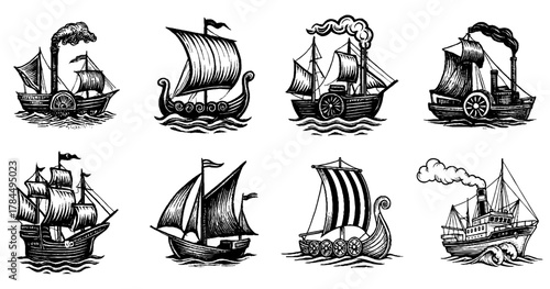 Vintage ship illustrations with various historical vessels, sailing ships, Viking longships, engraved style on transparent background