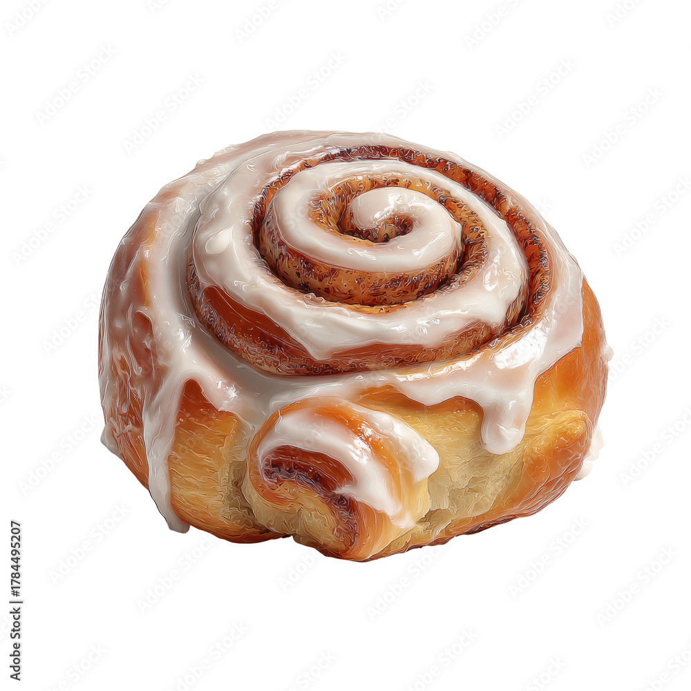 Fototapeta premium A close-up of a freshly baked, glazed cinnamon roll against a solid black background