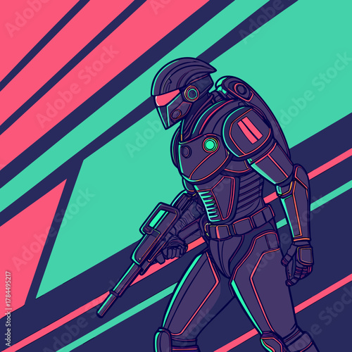 A futuristic soldier with a gun strides forward, embodying advanced technology and combat readiness in a cyberpunk setting