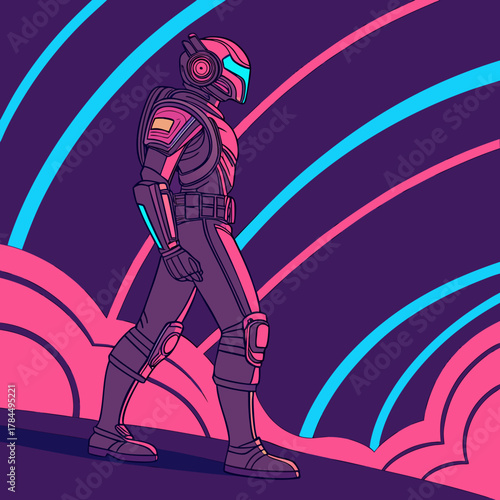 A cyberpunk warrior strides forward against a vibrant backdrop, embodying futuristic determination and strength in a world of neonlit possibilities