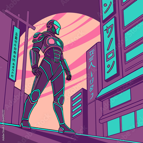 A futuristic cyberpunk warrior stands guard in a neonlit metropolis, blending advanced technology with urban grit and a sense of vigilant protection