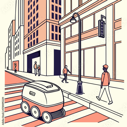 A delivery robot navigates a bustling city street, blending autonomous technology with urban life and the everyday rhythm of pedestrian activity