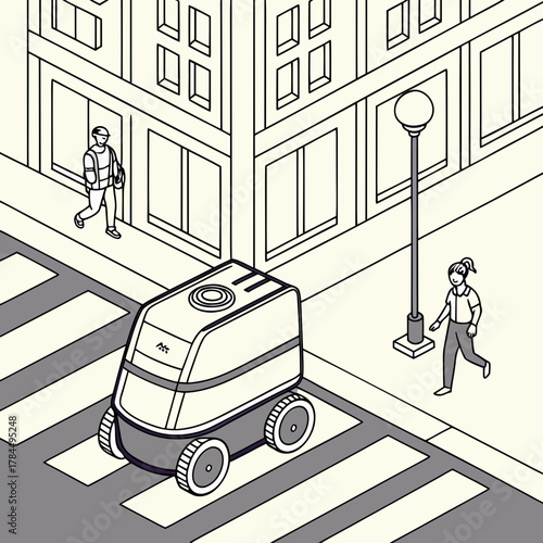 Selfdriving delivery robot crossing a pedestrian crosswalk in an urban environment, with people and buildings, illustrating modern city life
