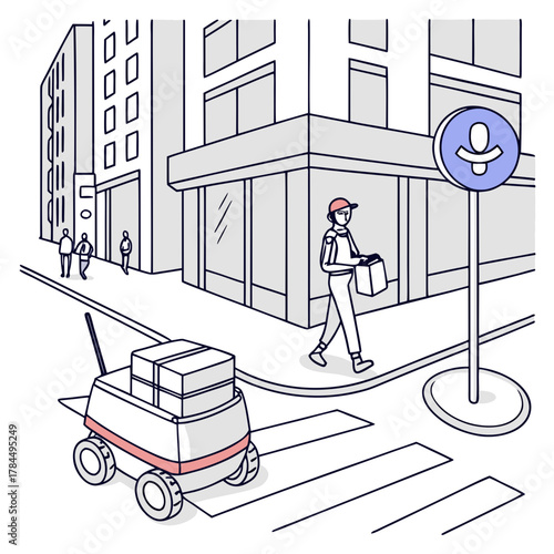 Autonomous delivery robot carrying packages across a crosswalk, with a person and a sign, showcasing the future of urban delivery services