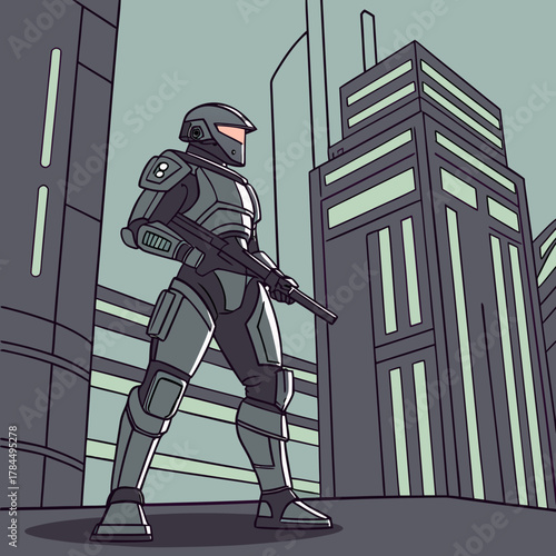 Futuristic soldier standing guard in a cyberpunk city, a science fiction warrior with advanced armor and weapon, ready for combat