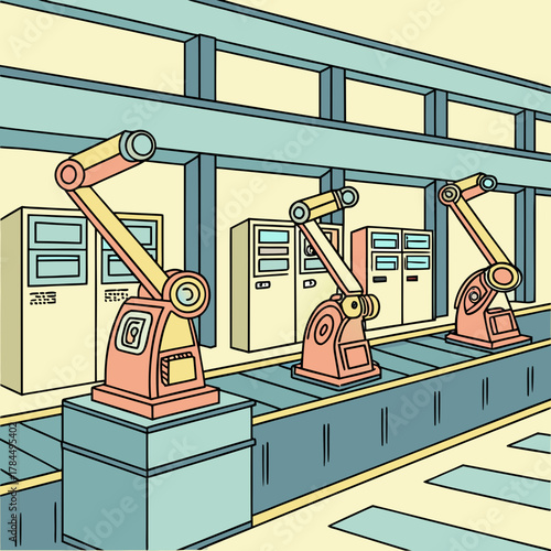 Three robotic arms working on an assembly line, showcasing automation and manufacturing processes, with cabinets in the background, conveying industry and technology
