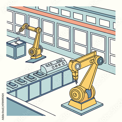 Robotic arms working on an assembly line, showcasing automation and manufacturing processes, with windows in the background, conveying industry and technology