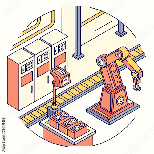 Robotic arm working on an assembly line, showcasing automation and manufacturing processes, with cabinets in the background, conveying industry and technology