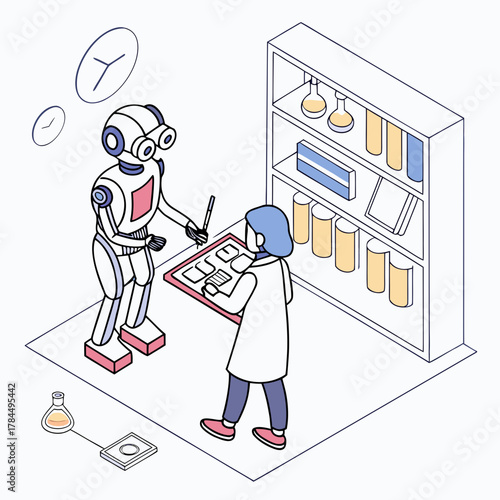 A scientist and robot collaborating in a lab, , illustrating teamwork in scientific research and technological advancement